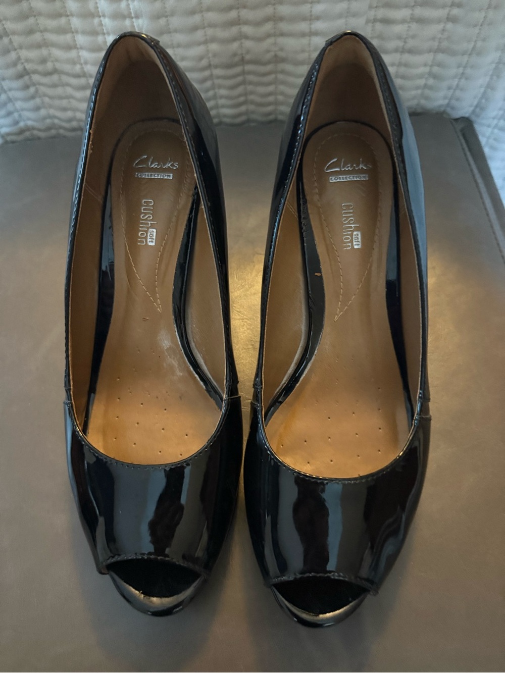 Clarks Black Patent Peep-Toe Heels